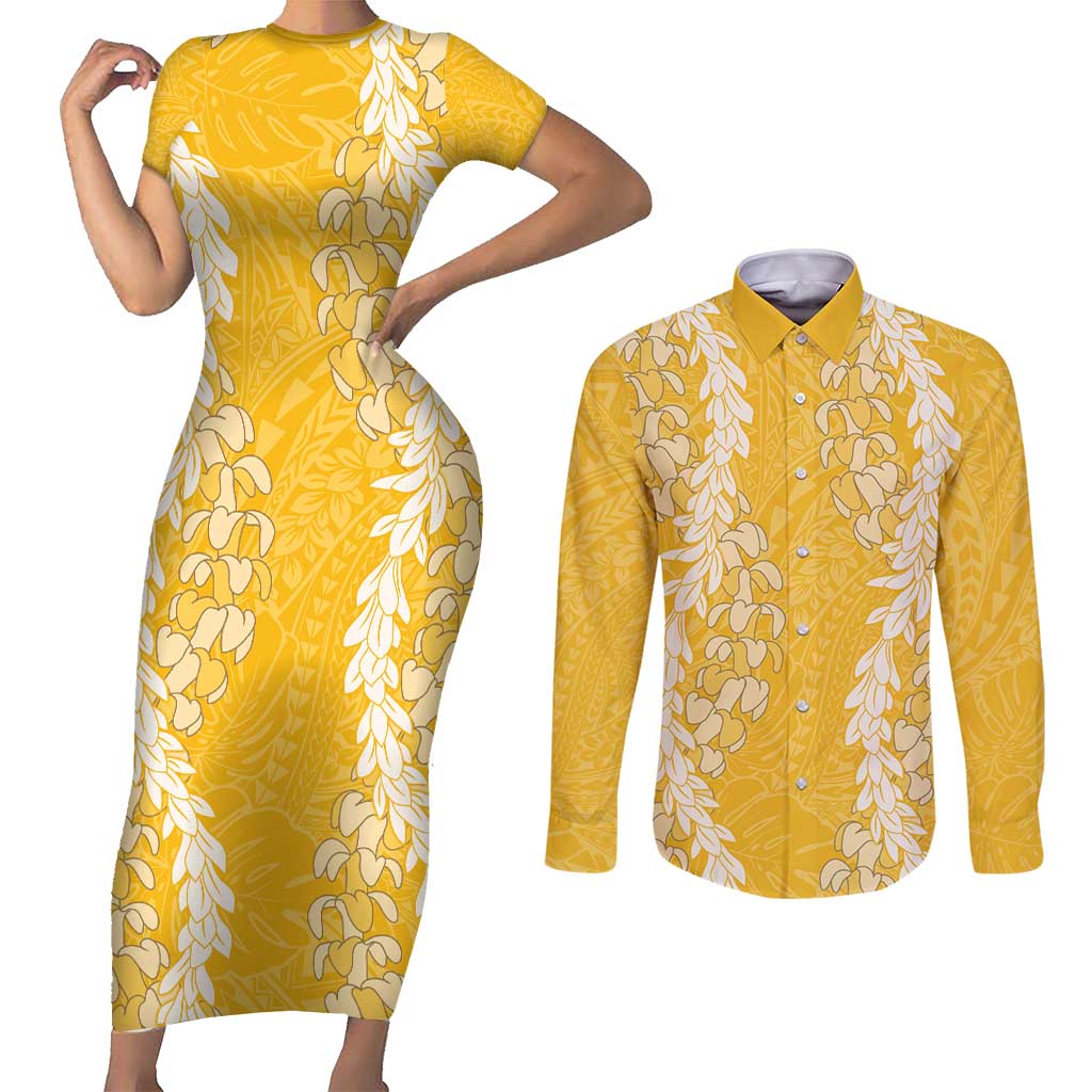 Puakenikeni and Maile Lei Couples Matching Short Sleeve Bodycon Dress and Long Sleeve Button Shirt Gold Double Strand Lei