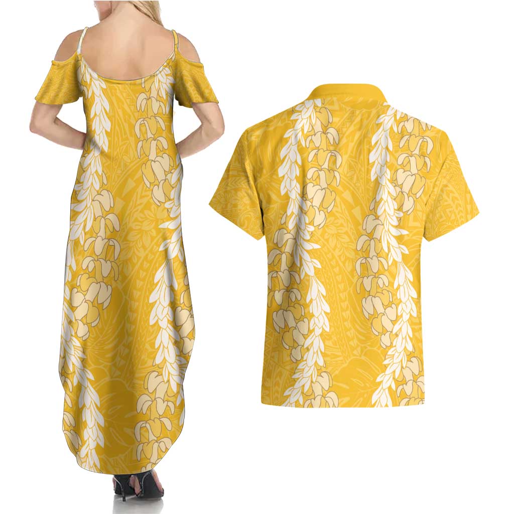 Puakenikeni and Maile Lei Couples Matching Summer Maxi Dress and Hawaiian Shirt Gold Double Strand Lei