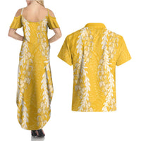 Puakenikeni and Maile Lei Couples Matching Summer Maxi Dress and Hawaiian Shirt Gold Double Strand Lei