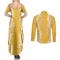 Puakenikeni and Maile Lei Couples Matching Summer Maxi Dress and Long Sleeve Button Shirt Gold Double Strand Lei
