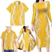 Puakenikeni and Maile Lei Family Matching Long Sleeve Bodycon Dress and Hawaiian Shirt Gold Double Strand Lei LT9 - Polynesian Pride