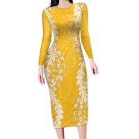 Puakenikeni and Maile Lei Family Matching Long Sleeve Bodycon Dress and Hawaiian Shirt Gold Double Strand Lei LT9 Mom's Dress Gold - Polynesian Pride