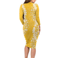 Puakenikeni and Maile Lei Family Matching Long Sleeve Bodycon Dress and Hawaiian Shirt Gold Double Strand Lei LT9 - Polynesian Pride