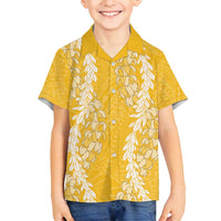 Puakenikeni and Maile Lei Family Matching Long Sleeve Bodycon Dress and Hawaiian Shirt Gold Double Strand Lei LT9 Son's Shirt Gold - Polynesian Pride