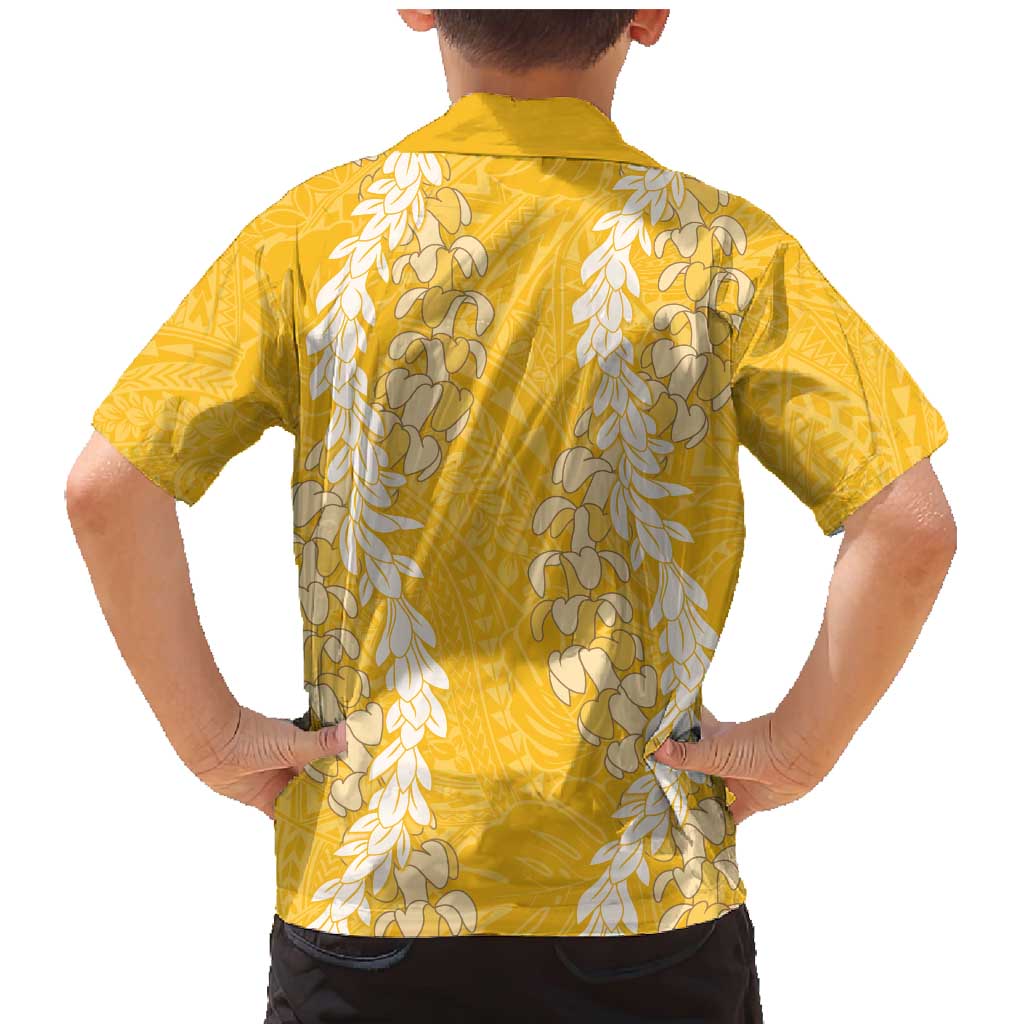 Puakenikeni and Maile Lei Family Matching Mermaid Dress and Hawaiian Shirt Gold Double Strand Lei LT9 - Polynesian Pride