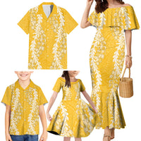 Puakenikeni and Maile Lei Family Matching Mermaid Dress and Hawaiian Shirt Gold Double Strand Lei LT9 - Polynesian Pride