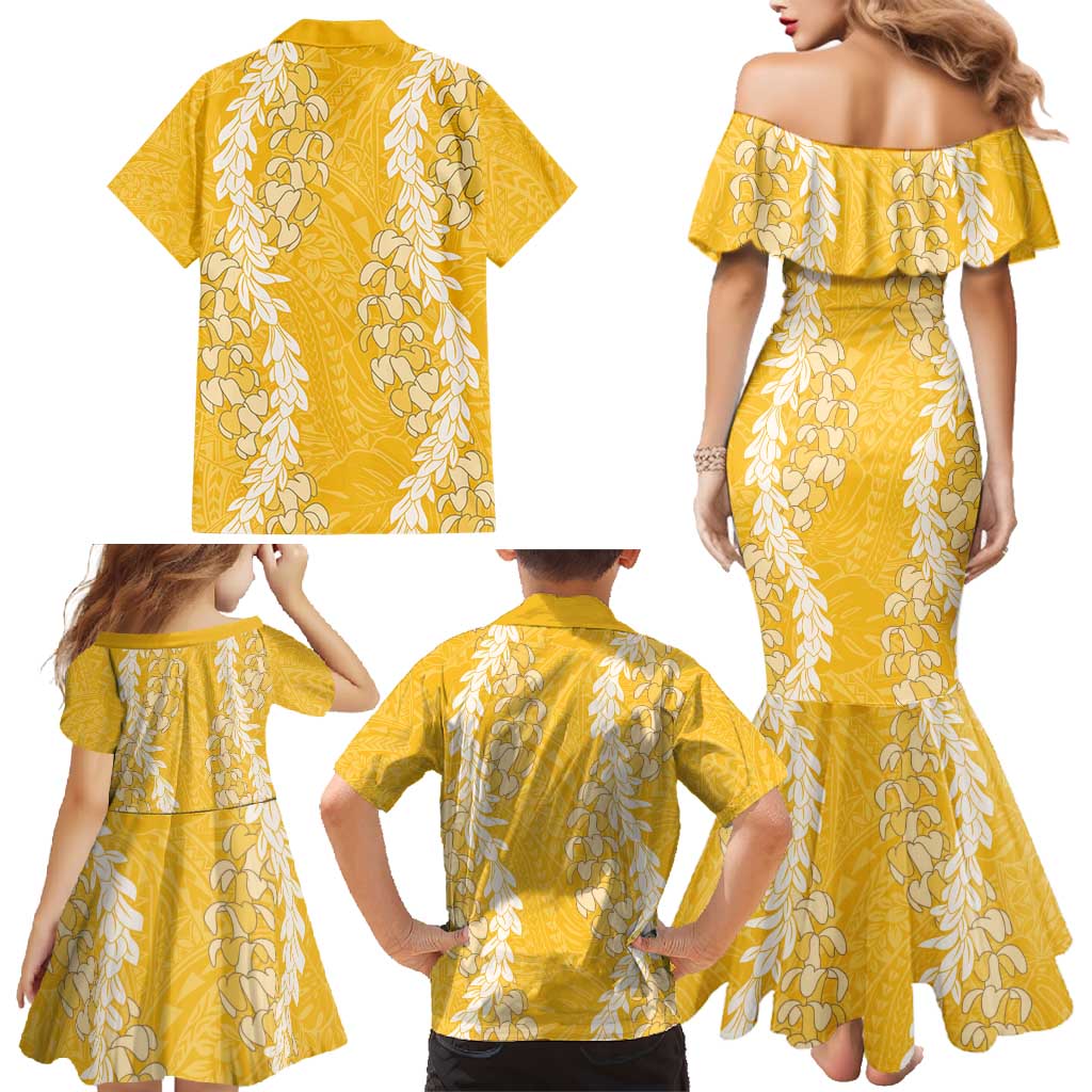 Puakenikeni and Maile Lei Family Matching Mermaid Dress and Hawaiian Shirt Gold Double Strand Lei LT9 - Polynesian Pride