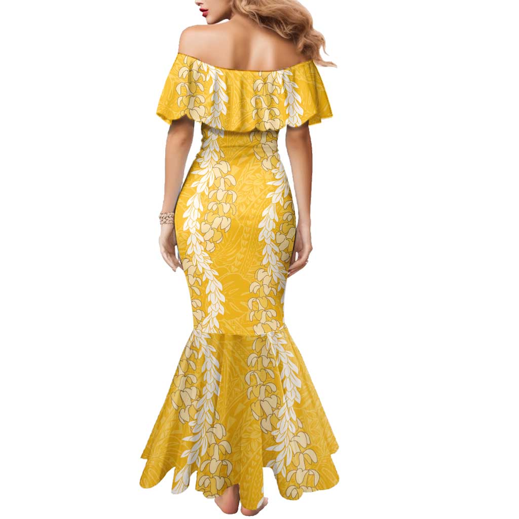 Puakenikeni and Maile Lei Family Matching Mermaid Dress and Hawaiian Shirt Gold Double Strand Lei LT9 - Polynesian Pride