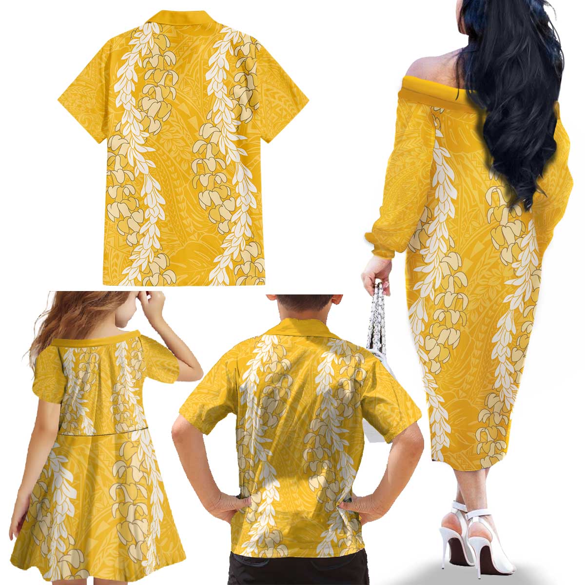 Puakenikeni and Maile Lei Family Matching Off The Shoulder Long Sleeve Dress and Hawaiian Shirt Gold Double Strand Lei LT9 - Polynesian Pride