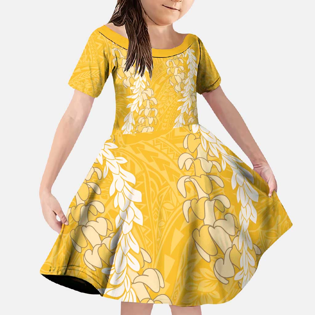 Puakenikeni and Maile Lei Family Matching Off Shoulder Maxi Dress and Hawaiian Shirt Gold Double Strand Lei LT9 Daughter's Dress Gold - Polynesian Pride