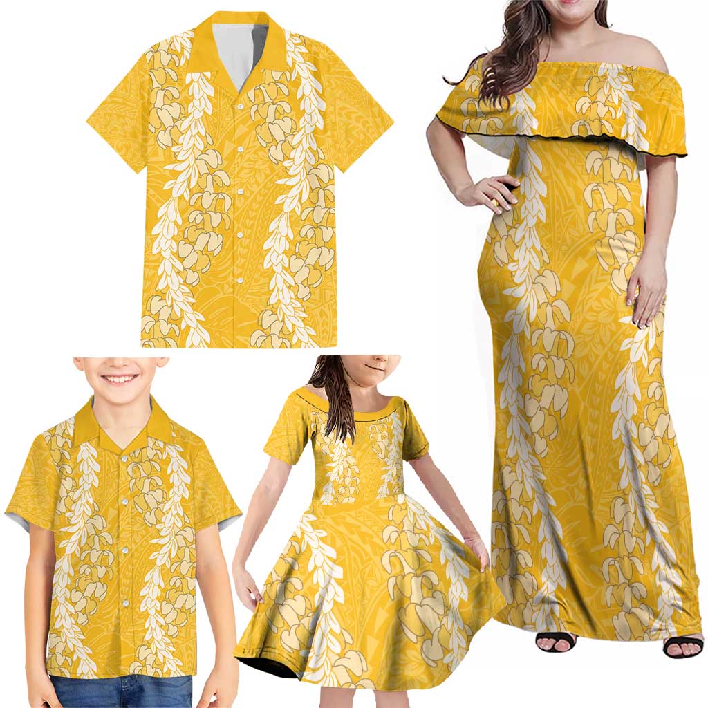 Puakenikeni and Maile Lei Family Matching Off Shoulder Maxi Dress and Hawaiian Shirt Gold Double Strand Lei LT9 - Polynesian Pride