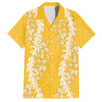 Puakenikeni and Maile Lei Family Matching Off Shoulder Maxi Dress and Hawaiian Shirt Gold Double Strand Lei LT9 Dad's Shirt - Short Sleeve Gold - Polynesian Pride