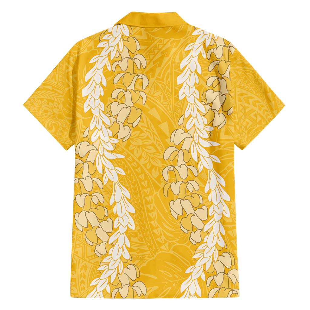 Puakenikeni and Maile Lei Family Matching Off Shoulder Short Dress and Hawaiian Shirt Gold Double Strand Lei LT9 - Polynesian Pride