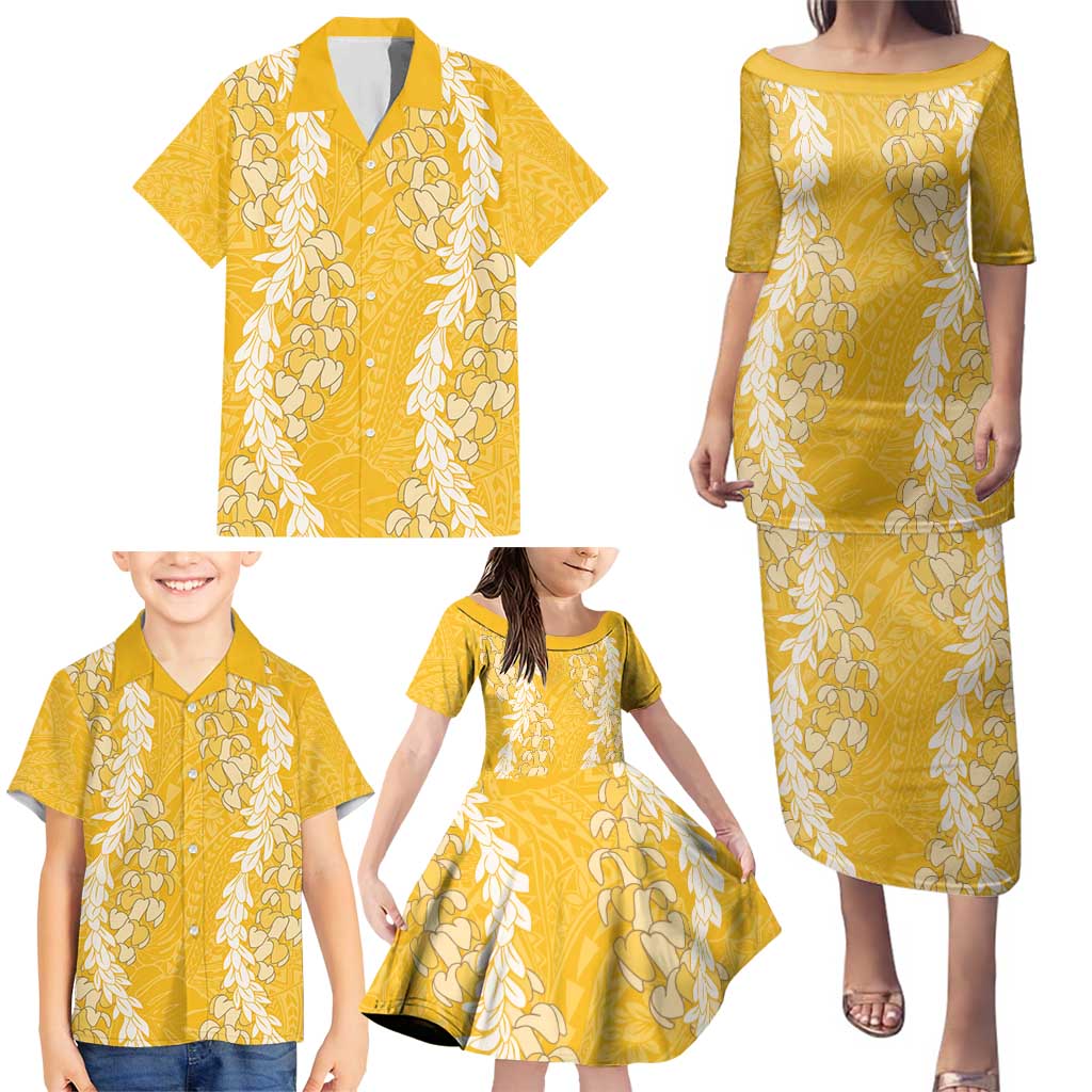 Puakenikeni and Maile Lei Family Matching Puletasi and Hawaiian Shirt Gold Double Strand Lei LT9 - Polynesian Pride