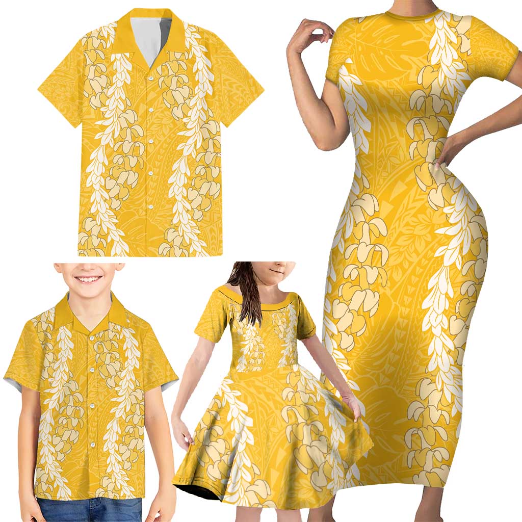Puakenikeni and Maile Lei Family Matching Short Sleeve Bodycon Dress and Hawaiian Shirt Gold Double Strand Lei LT9 - Polynesian Pride