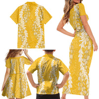 Puakenikeni and Maile Lei Family Matching Short Sleeve Bodycon Dress and Hawaiian Shirt Gold Double Strand Lei LT9 - Polynesian Pride