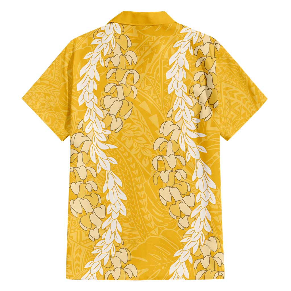 Puakenikeni and Maile Lei Family Matching Short Sleeve Bodycon Dress and Hawaiian Shirt Gold Double Strand Lei LT9 - Polynesian Pride