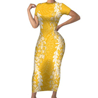 Puakenikeni and Maile Lei Family Matching Short Sleeve Bodycon Dress and Hawaiian Shirt Gold Double Strand Lei LT9 Mom's Dress Gold - Polynesian Pride