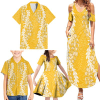 Puakenikeni and Maile Lei Family Matching Summer Maxi Dress and Hawaiian Shirt Gold Double Strand Lei LT9 - Polynesian Pride