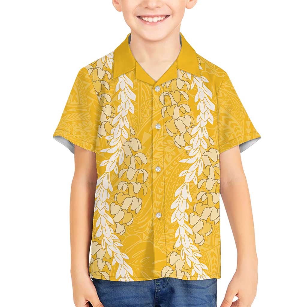 Puakenikeni and Maile Lei Family Matching Summer Maxi Dress and Hawaiian Shirt Gold Double Strand Lei LT9 Son's Shirt Gold - Polynesian Pride
