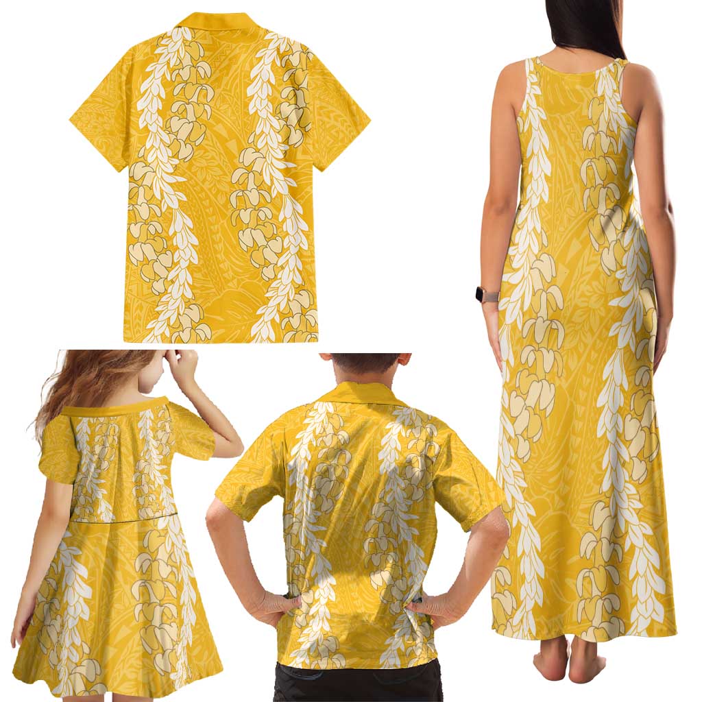 Puakenikeni and Maile Lei Family Matching Tank Maxi Dress and Hawaiian Shirt Gold Double Strand Lei LT9 - Polynesian Pride