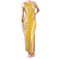 Puakenikeni and Maile Lei Family Matching Tank Maxi Dress and Hawaiian Shirt Gold Double Strand Lei LT9 Mom's Dress Gold - Polynesian Pride