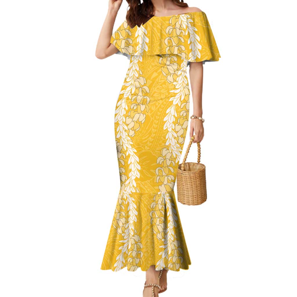 Puakenikeni and Maile Lei Mermaid Dress Gold Double Strand Lei