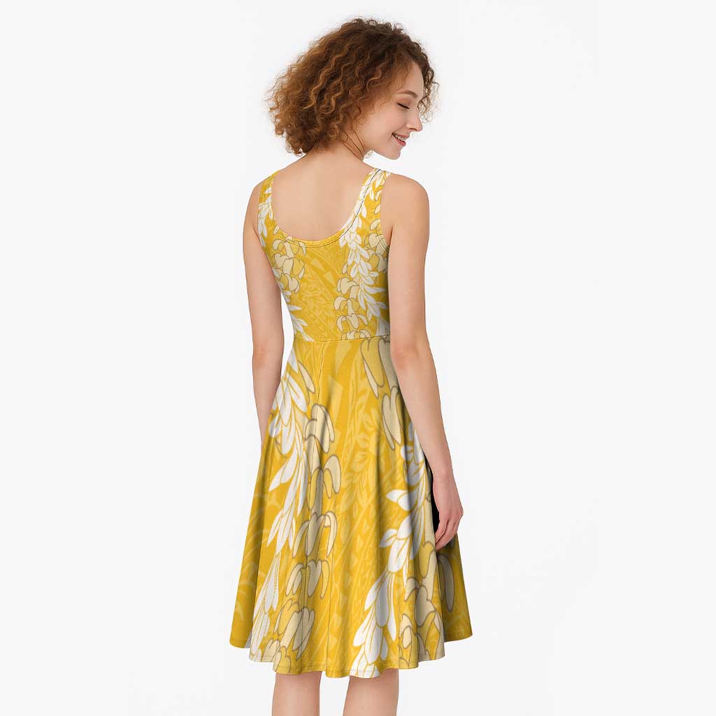 Puakenikeni and Maile Lei Midi Dress Gold Double Strand Lei - Polynesian Pride