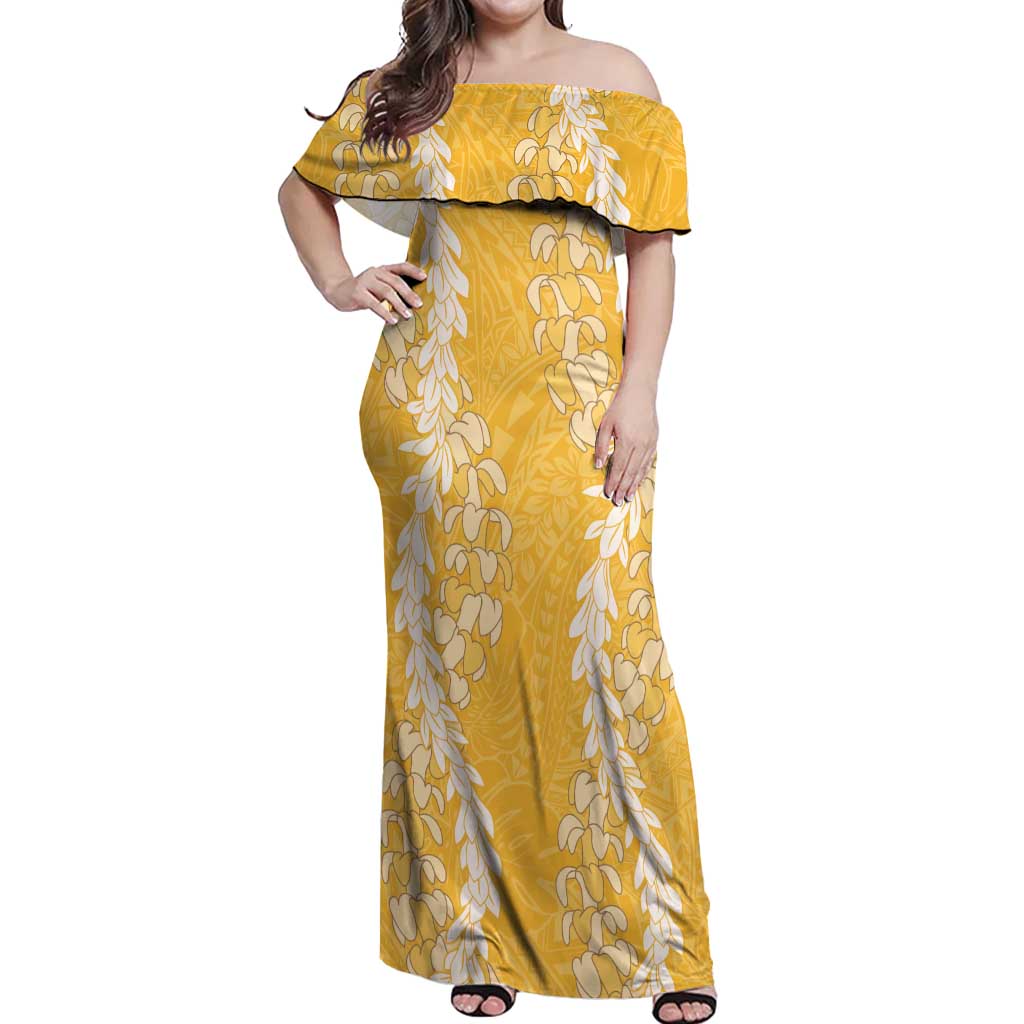 Puakenikeni and Maile Lei Off Shoulder Maxi Dress Gold Double Strand Lei