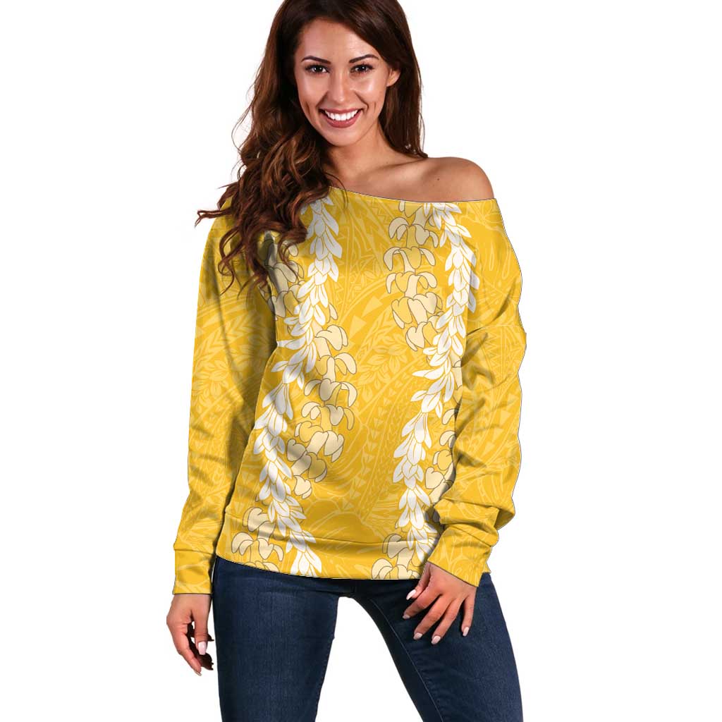 Puakenikeni and Maile Lei Off Shoulder Sweater Gold Double Strand Lei