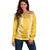 Puakenikeni and Maile Lei Off Shoulder Sweater Gold Double Strand Lei