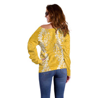 Puakenikeni and Maile Lei Off Shoulder Sweater Gold Double Strand Lei