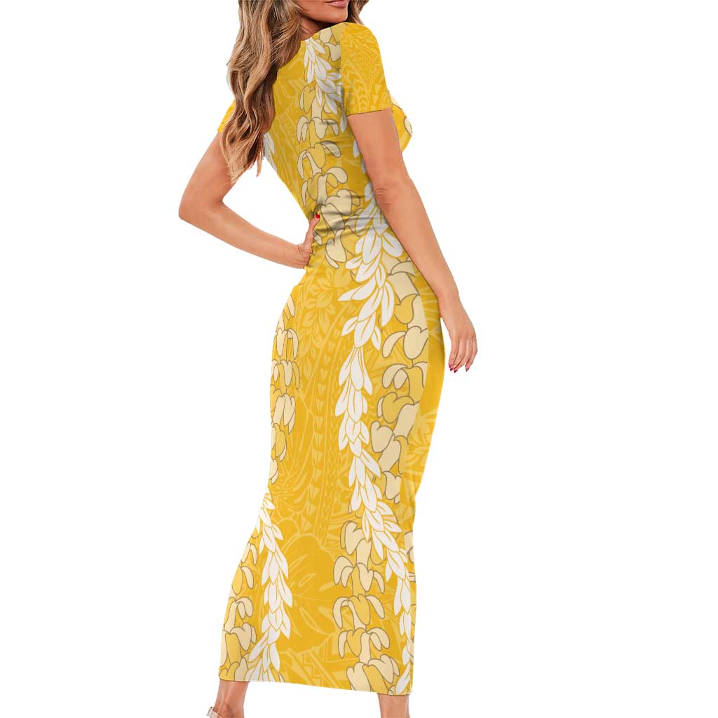 Puakenikeni and Maile Lei Short Sleeve Bodycon Dress Gold Double Strand Lei