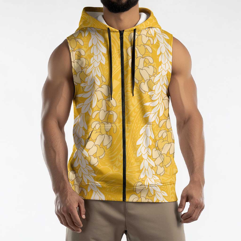 Puakenikeni and Maile Lei Sleeveless Zip Hoodie Gold Double Strand Lei - Polynesian Pride
