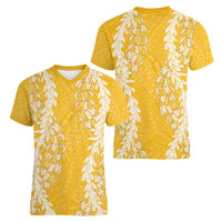 Puakenikeni and Maile Lei Women V-Neck T-Shirt Gold Double Strand Lei
