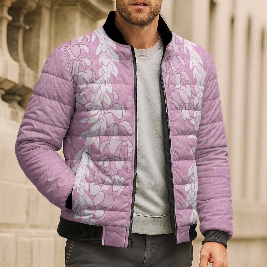 Puakenikeni and Maile Lei Bomber Puffer Jacket Pink Double Strand Lei - Polynesian Pride