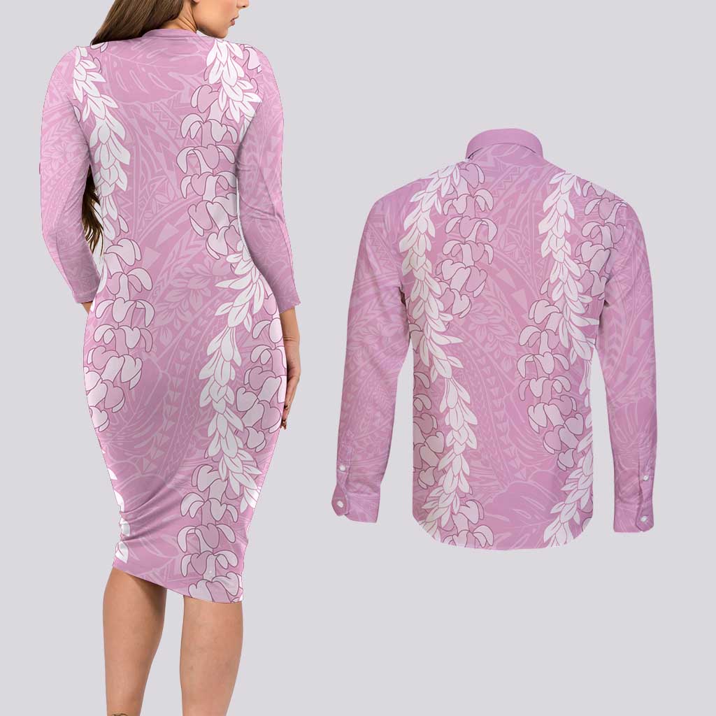 Puakenikeni and Maile Lei Couples Matching Long Sleeve Bodycon Dress and Long Sleeve Button Shirt Pink Double Strand Lei