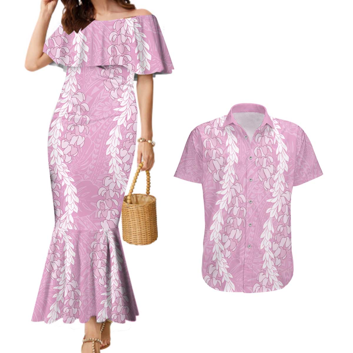 Puakenikeni and Maile Lei Couples Matching Mermaid Dress and Hawaiian Shirt Pink Double Strand Lei LT9 Pink - Polynesian Pride