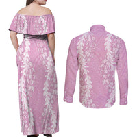 Puakenikeni and Maile Lei Couples Matching Off Shoulder Maxi Dress and Long Sleeve Button Shirt Pink Double Strand Lei