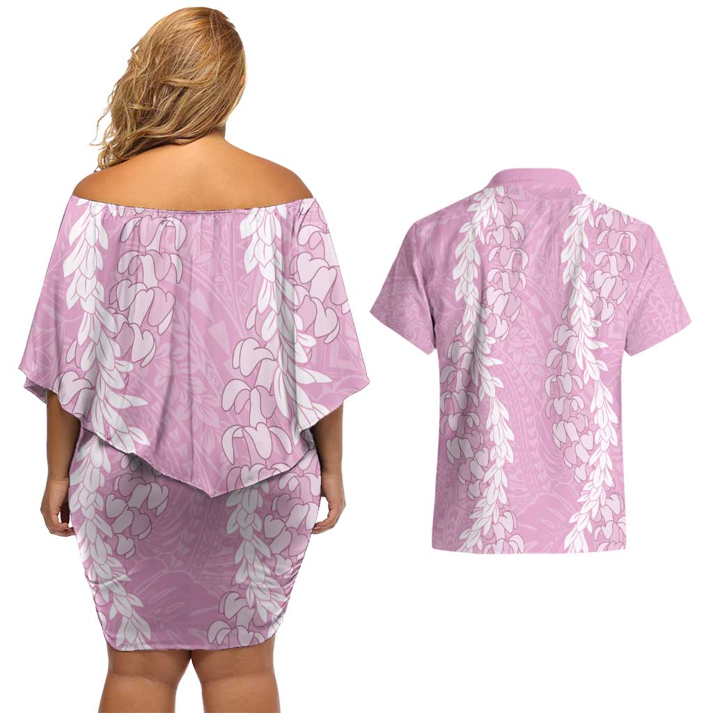 Puakenikeni and Maile Lei Couples Matching Off Shoulder Short Dress and Hawaiian Shirt Pink Double Strand Lei