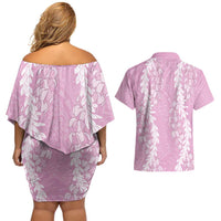 Puakenikeni and Maile Lei Couples Matching Off Shoulder Short Dress and Hawaiian Shirt Pink Double Strand Lei