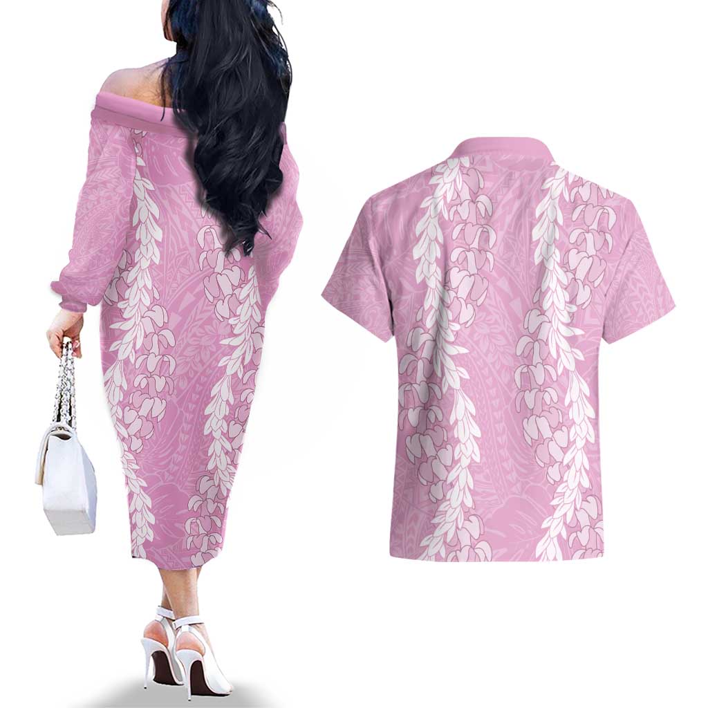 Puakenikeni and Maile Lei Couples Matching Off The Shoulder Long Sleeve Dress and Hawaiian Shirt Pink Double Strand Lei LT9 - Polynesian Pride