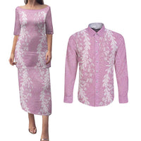 Puakenikeni and Maile Lei Couples Matching Puletasi and Long Sleeve Button Shirt Pink Double Strand Lei