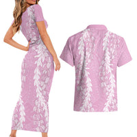 Puakenikeni and Maile Lei Couples Matching Short Sleeve Bodycon Dress and Hawaiian Shirt Pink Double Strand Lei LT9 - Polynesian Pride