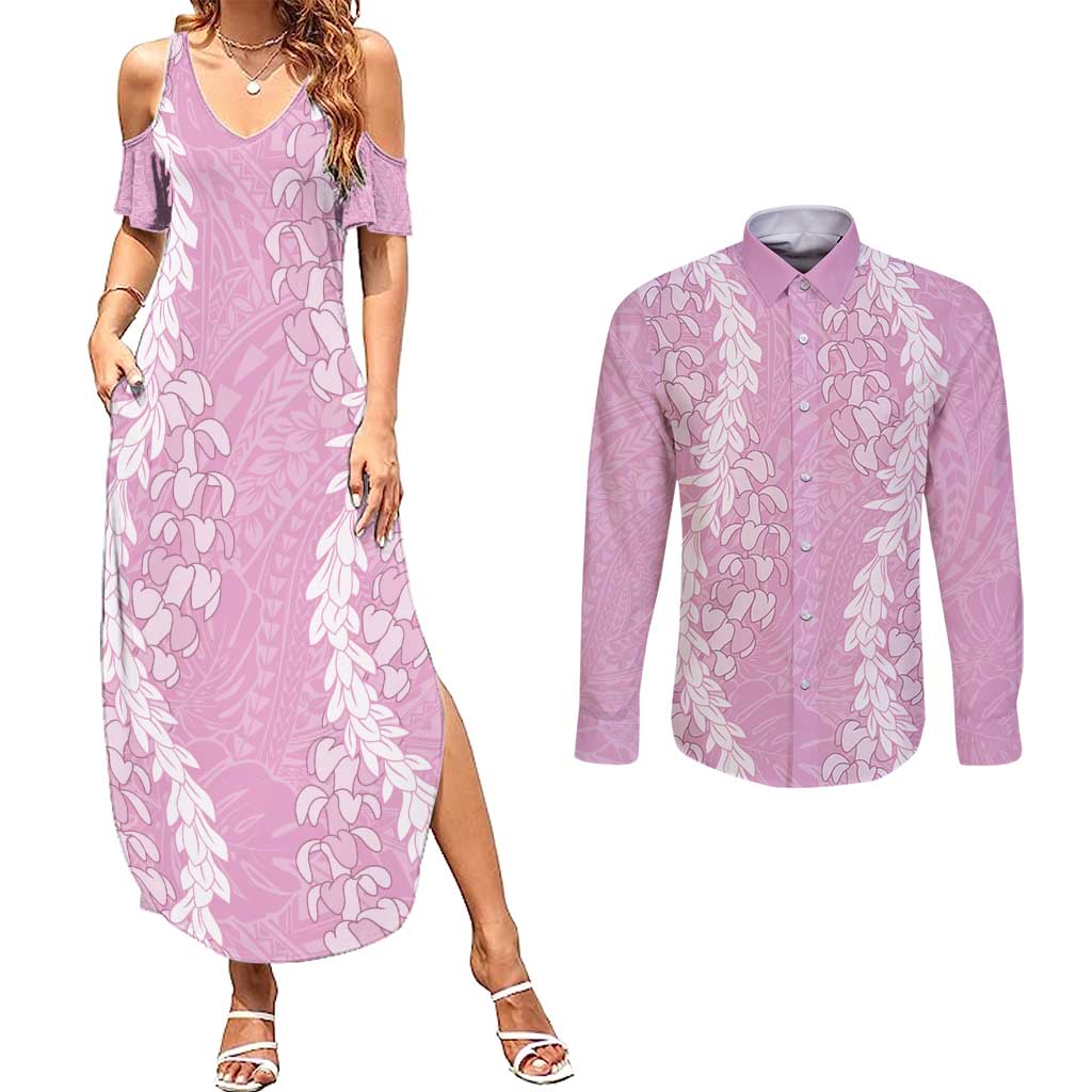 Puakenikeni and Maile Lei Couples Matching Summer Maxi Dress and Long Sleeve Button Shirt Pink Double Strand Lei