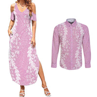 Puakenikeni and Maile Lei Couples Matching Summer Maxi Dress and Long Sleeve Button Shirt Pink Double Strand Lei