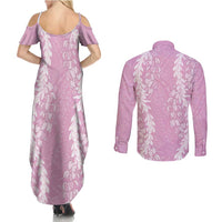 Puakenikeni and Maile Lei Couples Matching Summer Maxi Dress and Long Sleeve Button Shirt Pink Double Strand Lei
