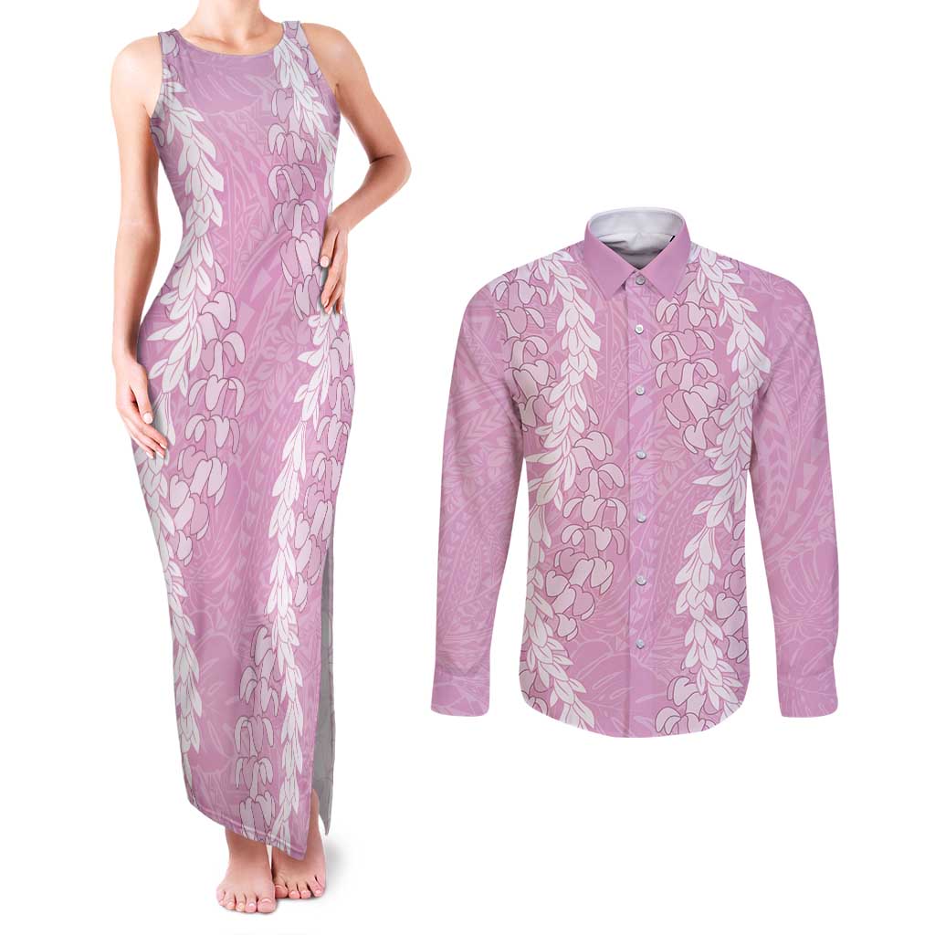 Puakenikeni and Maile Lei Couples Matching Tank Maxi Dress and Long Sleeve Button Shirt Pink Double Strand Lei