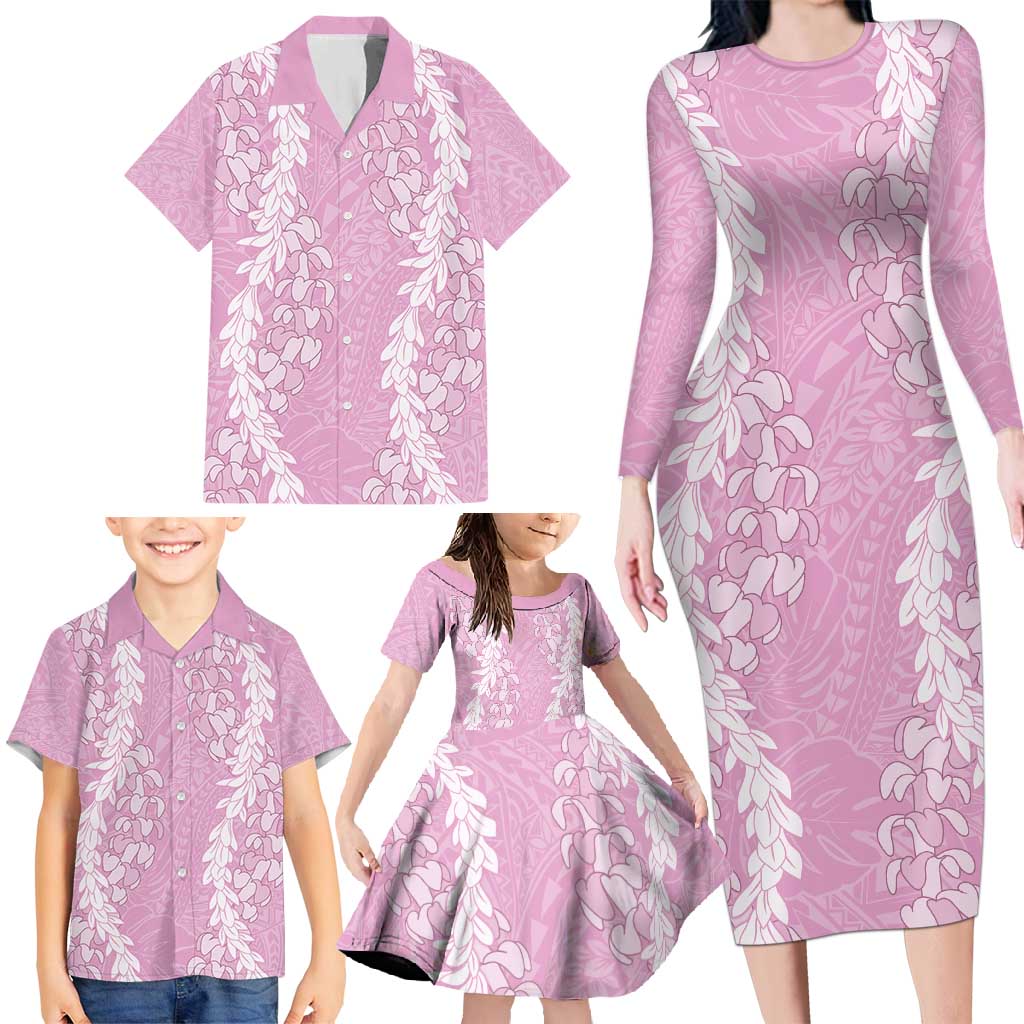 Puakenikeni and Maile Lei Family Matching Long Sleeve Bodycon Dress and Hawaiian Shirt Pink Double Strand Lei LT9 - Polynesian Pride