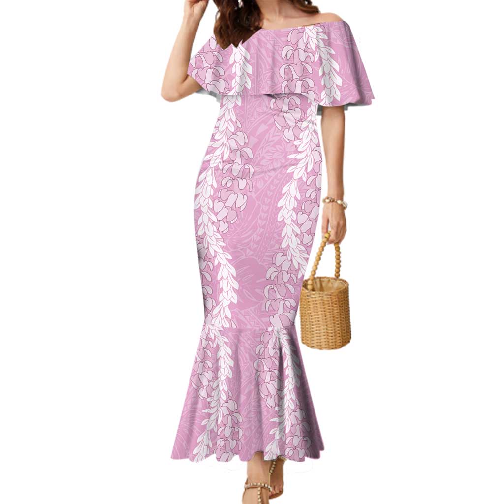 Puakenikeni and Maile Lei Family Matching Mermaid Dress and Hawaiian Shirt Pink Double Strand Lei LT9 Mom's Dress Pink - Polynesian Pride